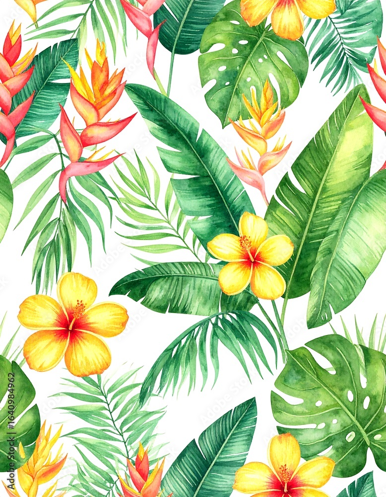 Naklejka premium Tropical floral pattern with vibrant leaves and blossoms