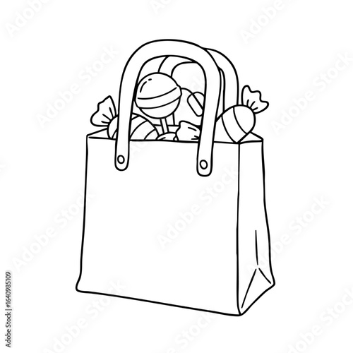 Clean outline drawing of a trick-or-treat bag filled with candy shapes like lollipops and wrapped sweet
