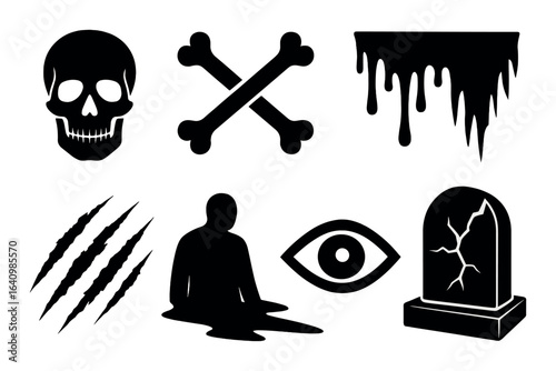 Eerie symbols: skull, crossbones, dripping, claws, silhouette, eye, tombstone