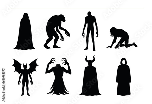 Silhouettes of menacing creatures and figures in dramatic poses