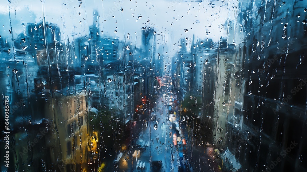 Obraz premium Rainy cityscape through window