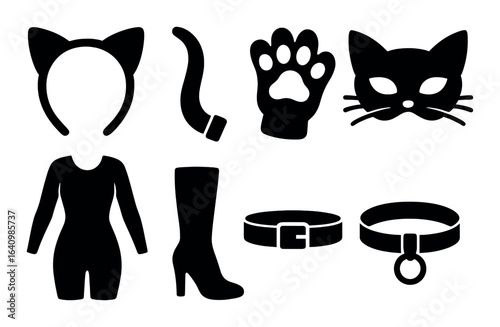 Cat costume accessories set with ears, tail, paw, mask, suit, boots, belt, collar