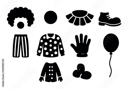 Silhouette icons of clown costume elements and accessories