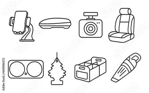 Car accessories icons set featuring phone holder, air freshener, and vacuum