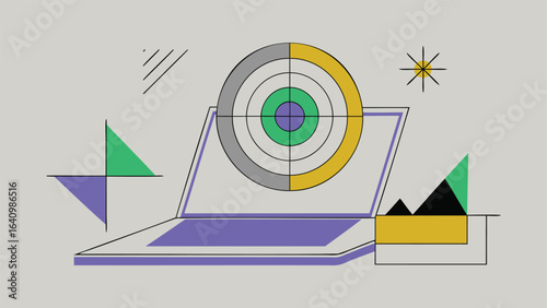 Abstract laptop with target and geometric shapes in a modern minimalist design style illustration