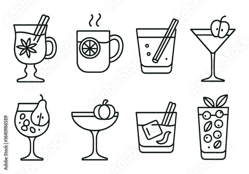 Outline of eight stylish cocktail icons with garnishes and stirrers on brown background