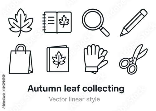 Autumn leaf collecting set: magnifying glass, gloves, notebook, pencil