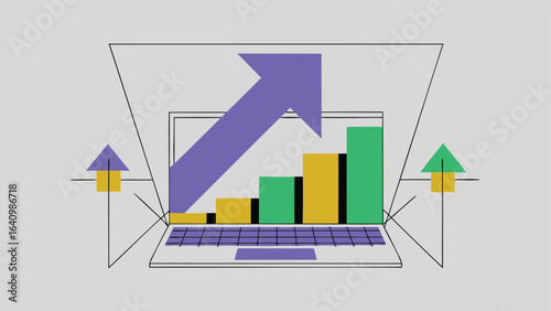 Laptop displaying a rising bar graph with an arrow pointing upwards indicating growth and success online