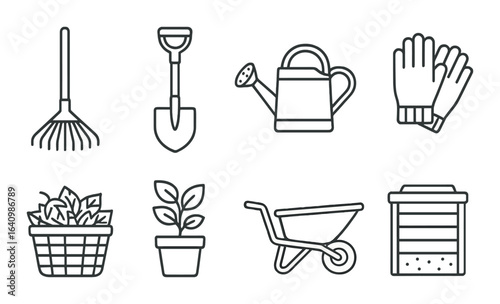 Gardening tools icons set with rake, shovel, watering can, gloves, basket, plant, wheelbarrow, compost bin