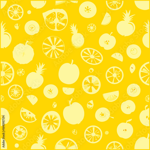 Seamless yellow fruit pattern background with apple, orange, and pineapple silhouettes. A vibrant illustration for a fresh, healthy eating concept.
