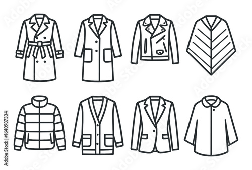 Stylish coat and jacket outline collection on dark background