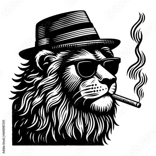 Stylish Lion in Fedora Hat and Sunglasses Smoking Cigar with Smoke Black and White Outline Line Art Drawing