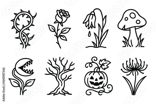 Dark themed halloween icons featuring haunted tree and jack-o'-lantern