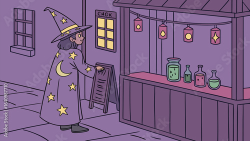 A witch sweeps leaves next to a jack o lantern and a television in a room decorated for halloween night