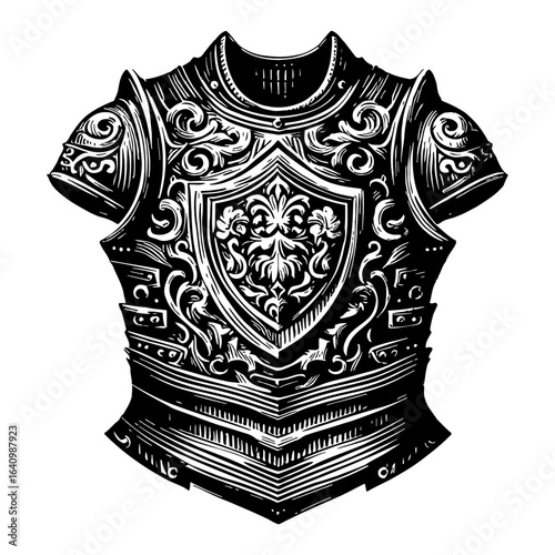 Ornate Medieval Knight Armor Breastplate with Shield Detail Black and White Outline Line Art Drawing