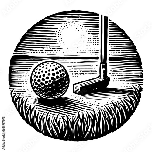 Golf Ball and Putter on Grass in Circular Frame Vintage Black and White Outline Line Art Drawing
