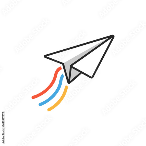 Vector graphic of a paper airplane launch, with colorful streams representing a message, communication, and fast delivery.