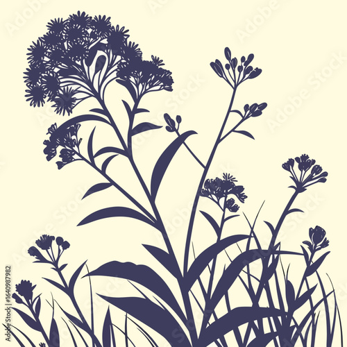 Minimilist silhouette of wildflowers and tall grass with delicate blossoms against a light background design element vector
