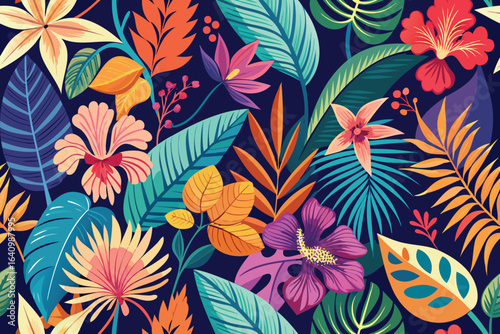 Wallpaper Mural Tropical Floral Pattern with Colorful Flowers and Leaves on Dark Blue Torontodigital.ca