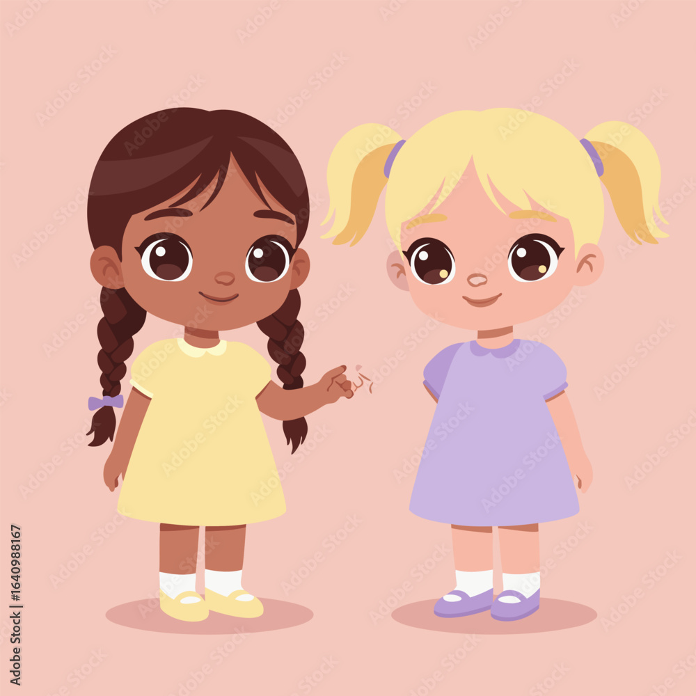 Charming vector illustration of two diverse little girls, a blonde and a brunette, sharing a happy moment of childhood friendship. Charming vector illustration of two diverse little girls, a blonde and a brunette, sharing a happy moment of childhood friendship.