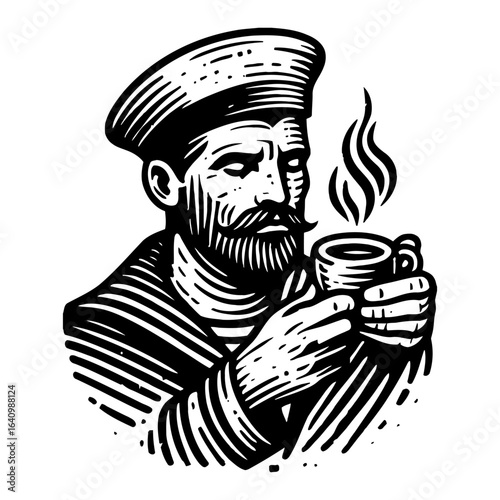 Wallpaper Mural Bearded Seaman Holding Steaming Coffee Cup Vintage Engraving Style Black and White Outline Line Art Drawing Torontodigital.ca