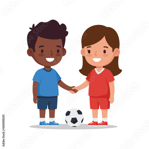 Two diverse children, a boy and a girl, shaking hands in friendship and sportsmanship after a soccer match on a white background.
