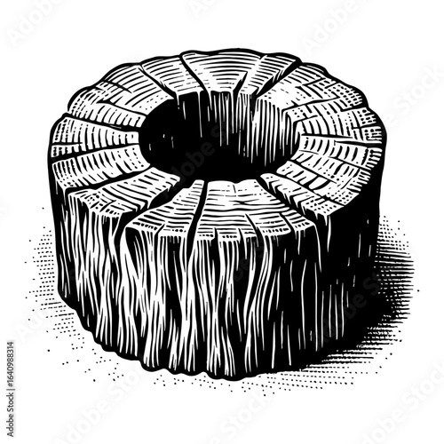 Detailed Rustic Vintage Black and White Outline Line Art Drawing of a Cut Wood Log Stump Cross Section with a Hole