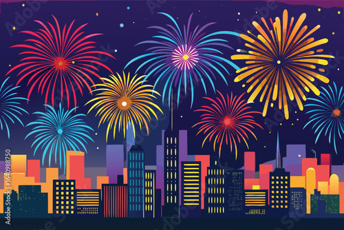 Fireworks over Cityscape, Celebration with Colorful Pyrotechnics Display