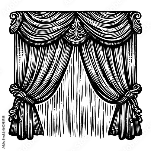 Elegant Decorative Ornate Curtains Valance Tie Backs Classic Black and White Outline Line Art Drawing