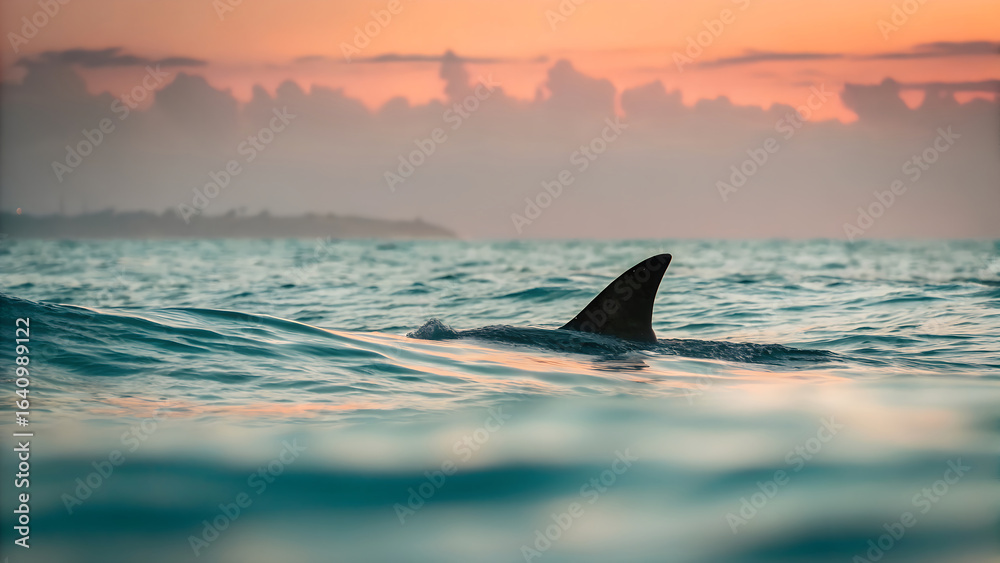 Fototapeta premium Shark fin breaks the ocean surface in a beautiful sunset scenery
