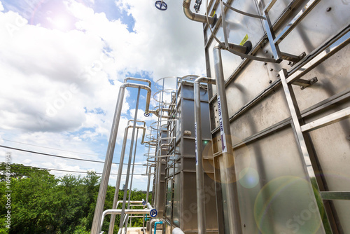 Sets of cooling towers in data center building.