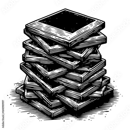 Stack of Vintage Photographic Slides Film Frames Black and White Outline Line Art Drawing