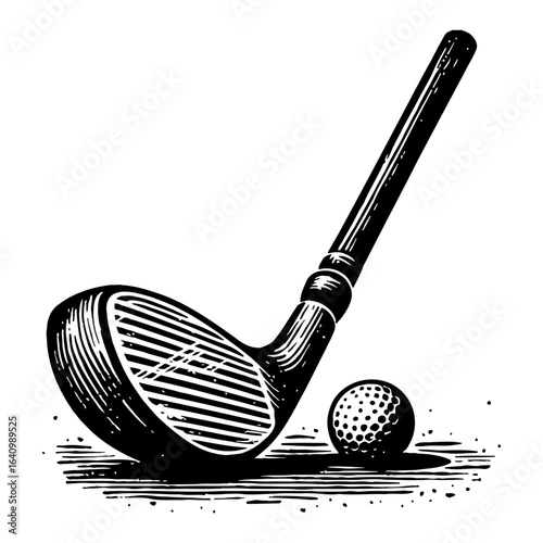 Golf Club and Ball Black and White Outline Line Art Drawing for Sport Game Play Activity