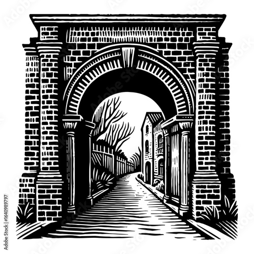 Grand Brick Archway Leading to a European Street View with Old Buildings Black and White Outline Line Art Drawing