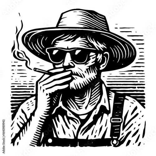 Vintage Man Smoker Wearing Hat and Sunglasses Black and White Outline Line Art Drawing Close Up Portrait Engraved Style
