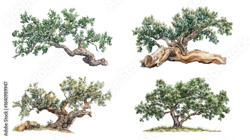 A watercolor painting of a Cork Oak tree, showcasing textured bark, lush green leaves, and natural details with soft brush strokes, capturing the beauty and essence of this Mediterrane