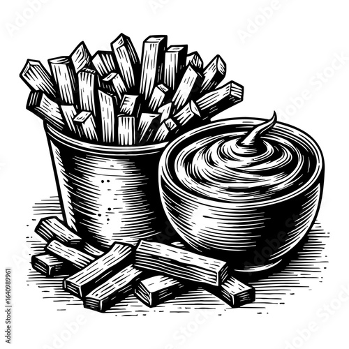 Delicious Crispy French Fries in Bucket with Dipping Sauce Bowl Black and White Outline Line Art Drawing