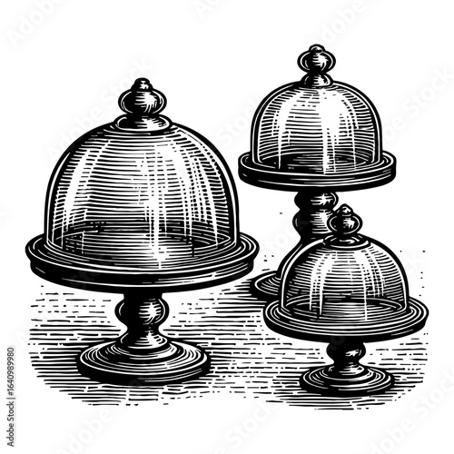 Three Vintage Cake Stands Cloche Domes Varying Sizes Black and White Outline Line Art Drawing