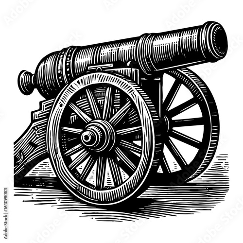 Vintage Antique Cannon Side View Black and White Outline Line Art Drawing Historic Military Weaponry