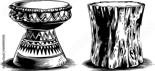 Hand drawn african stool and drum set engraving for vintage decor or poster design
