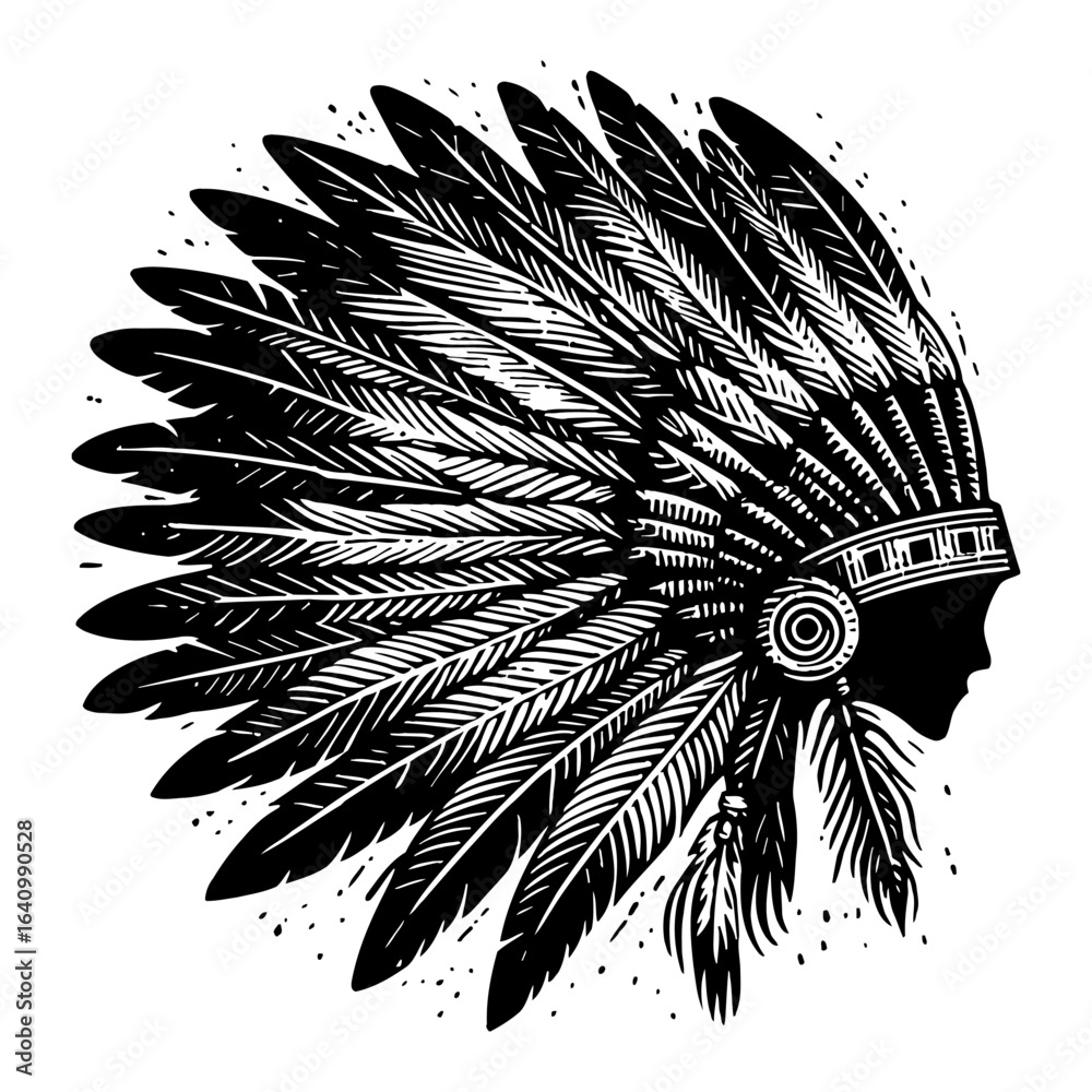 Obraz premium Profile of Native American Chief Head Adorned with Majestic Feather Headdress Black and White Outline Line Art Drawing