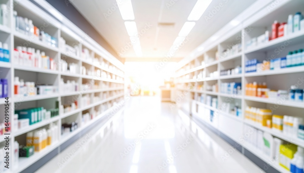 Fototapeta premium Pharmaceutical aisles blurred branding perspectives in healthcare environments
