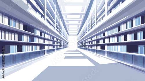 An endless futuristic library with infinite bookshelves stretching into the horizon, featuring sleek metallic structures, glowing ambient lights, and advanced architectural design
