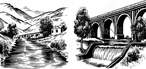 Vintage engraving of aqueduct arch and waterway scenery for design
