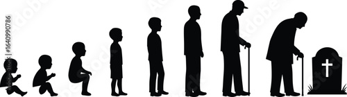 Life Stages Silhouette from Childhood to Old Age, Human Growth Timeline Concept, Aging Process, End of Life Symbol