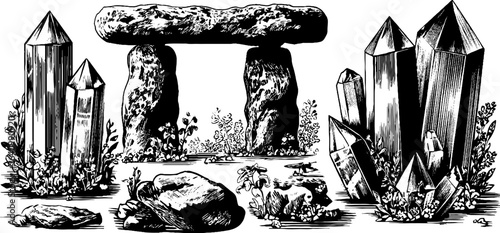 Mystical engraved stone portal and crystal frame design for fantasy themes