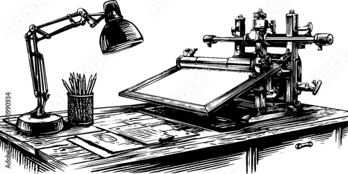 Vintage architects desk with engraving tools lamp and drafting equipment sketch for design