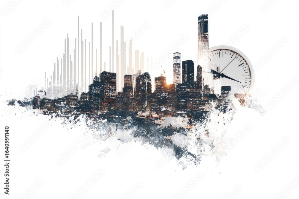 Fototapeta premium Cityscape with time element, abstract style