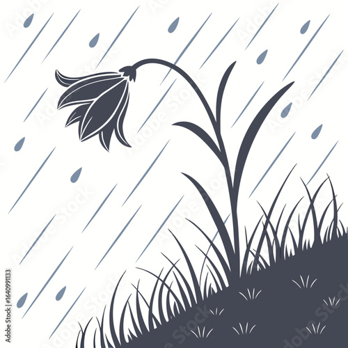 Minimilist silhouette of a flower and grass in the rain with diagonal raindrops falling down on a white background vector