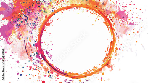 Art flowers splashes and round frame in a vibrant decorative composition, featuring colorful floral elements with paint splatter effects surrounding a circular border, ideal for invitations, posters, 